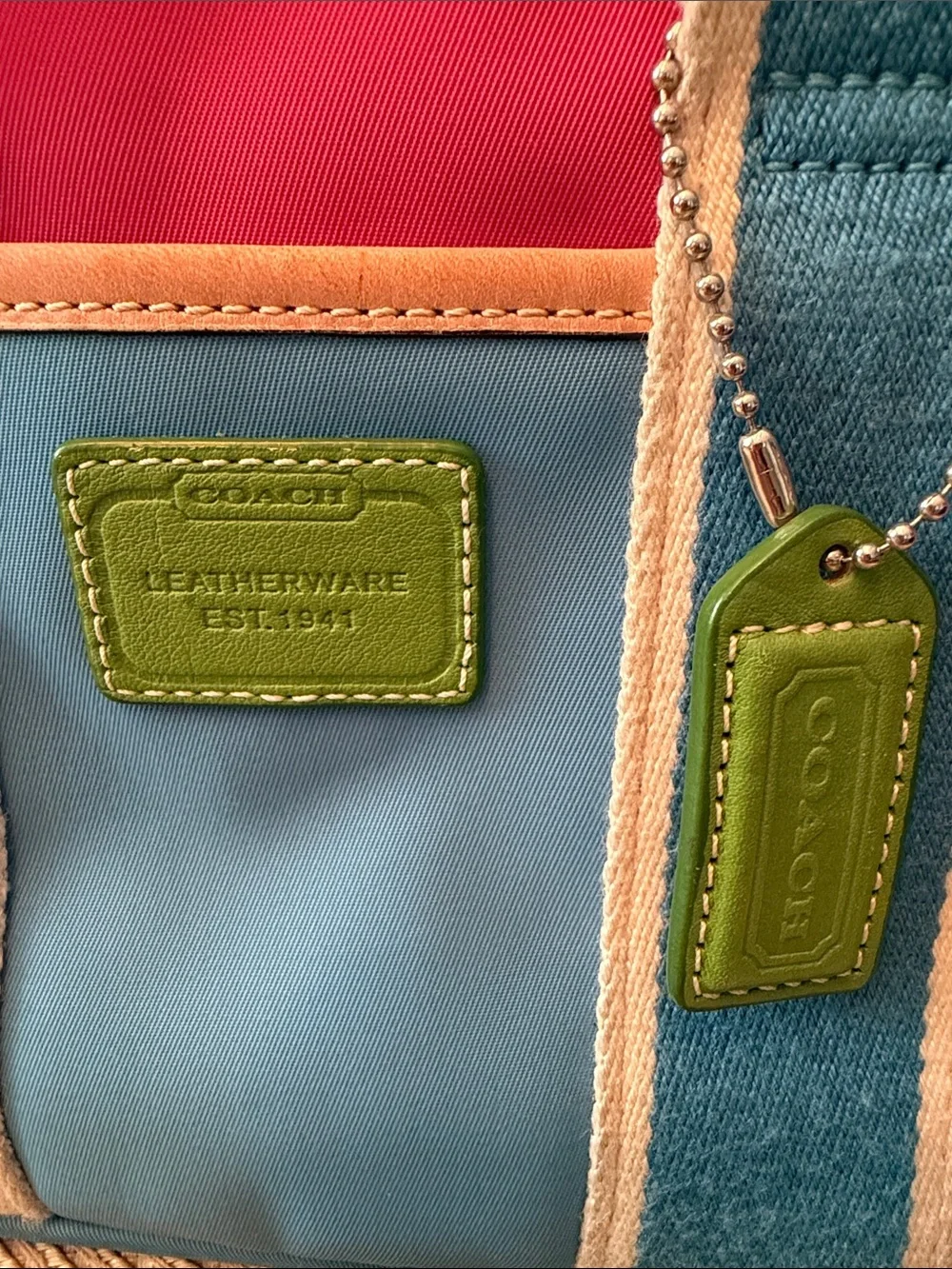 Coach Vintage Leatherware 2005 Pink and Blue Nylon Tote with Green Trim Retail